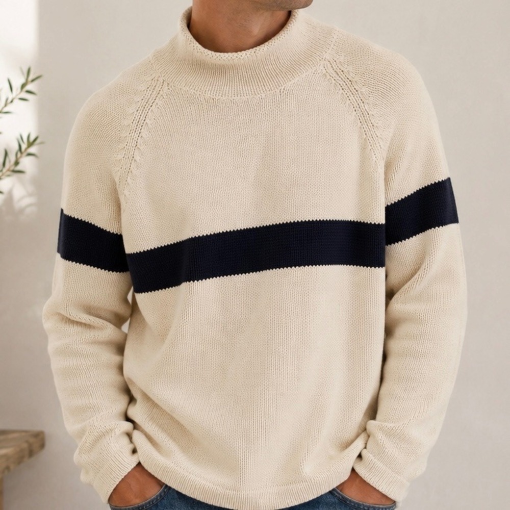 Vintage Gap Mens XL Cotton Mock Neck Shaker Knit Striped Sweater Cream Navy